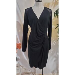 Cache Vtg Surplice Pullover Faux Wrap Midi Dress Size L Long Sleeve Mesh Black